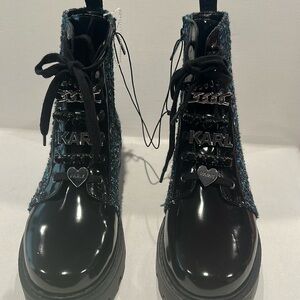 Karl Lagerfeld Tweed Combat Boots with Lace-up front and Lagerfeld Charms.